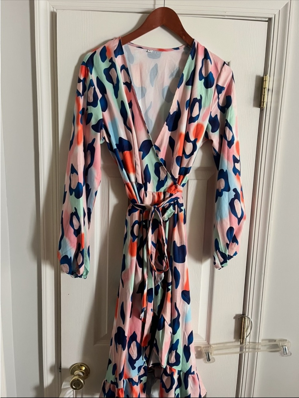 Colorful Abstract Print Wrap Dress - Pink, Navy & Mint